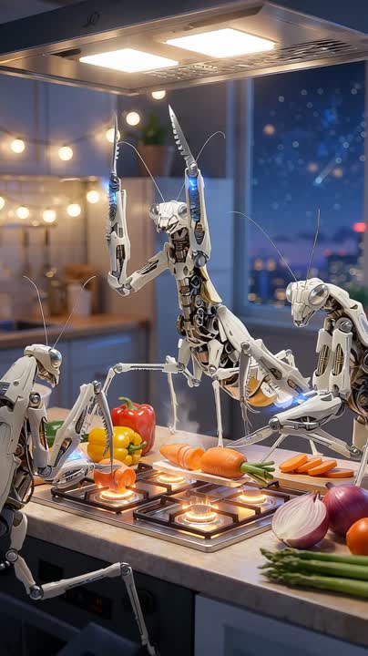 A squad of bone-mech praying mantises cooking show